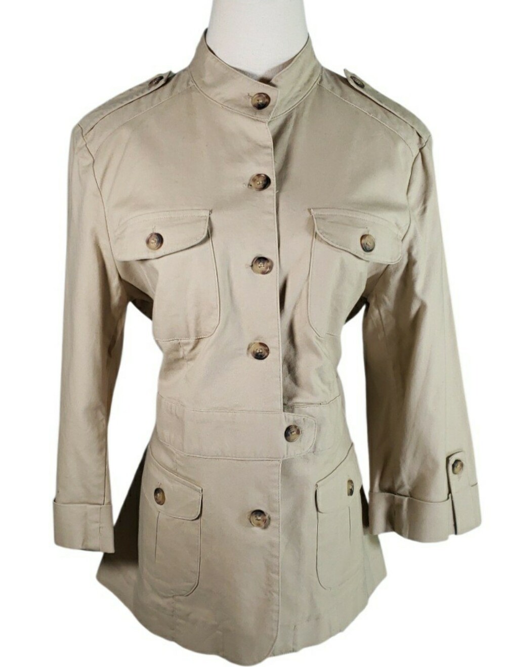 NY Collection Vintage Cotton Classic Womens Tan Military Utility MockneckJacket